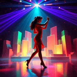 A breathtaking 3D animation of a passionate woman dancing a hot, energetic salsa. Her movements are fluid, expressive, and perfectly synchronized. Surrounding her is a futuristic, evolving stage filled with animating abstract 3D geometric structures that constantly morph, shift, and pulse to the rhythm. Dynamic, vibrant neon lights, colorful volumetric laser beams, and dramatic strobes sweep across the dark environment, casting beautiful shadows. Cinematic camera movement with smooth tracking