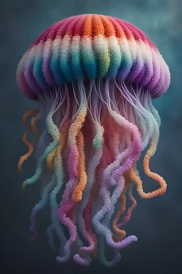 Gorgeous large multicolored jellyfish with hyper-realism and amigurumi texture in the ocean --sref 3215559165 --style raw--ar 83:57--stylize 300