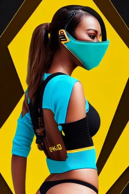 Realistic photograph. Geometric 3D tiling on the background, woman full-covered face mask. Bronze color Yellow Black Cyan. AKG headphones, golden rings & disc. Selfie both hands. Lightly armored, electronic circuit. Cyber-punk full-mask. Thick tights. Thick calves. Curved fell. Wide hip. Flat belly. Ancient artifact cables between. Perfect, Tron Movie. Lay figure. Haute Couture 1990's. Light from right