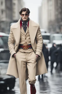 Men winter fashion runway modern clothes inspired by Superman Superman style clothes, elegant beige tones