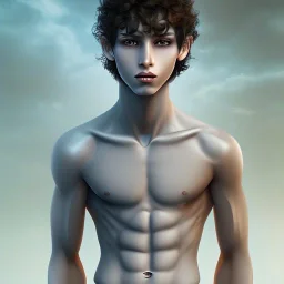 beautiful, slender, 10 year old arabic boy with very long curly hair and light blue eyes, shirtless