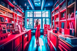 surreal image full-height shot of a young woman in tight red clothing, inside a large modern magic shop, sitting at a desk, wooden shelving, bottles, windows