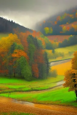 Autumn Czech valley in the rain.