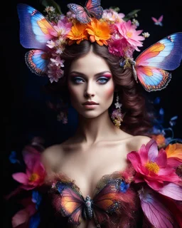 Gorgeous Luxurious Realistic Photography Camera Lens soft blur Pretty European Supermodel as Beautiful Butterfly Lady, a stunning beautiful woman adorned in vibrant carnival attire, ethereal beauty, black background, with swirling colors and fantastical tiny flowers, enchantment and grace, twisted vines, whimsical, surreal landscapes, emotive style, dreamlike quality, and magical realism, carnival red, ethereal pink, whimsical blue, vibrant green, celestial purple, golden amber, and shimmering