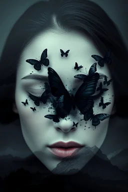 Double exposure image, facing the camera close up a closed eyes fade face woman portrait with half face made many black butterfly,, many black butterflies explosed in front of forehead and flying around and swirl, high mountains silouttes, pale monn, deep fade colors, soft lines, surreal, nightmare, melting painted, dramatic shadows, dark mood , fog, dark fantasy, dreamlike atmosphere.