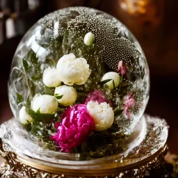 Cinematic shot of peonies inside a crystal lattice globe, glass, crystal, linen, dewdrops, warm lighting, luxurious, terrarium