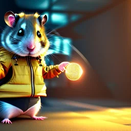 Hamster toddler, steampunk headphone, sunglass, gangsta neckless, full body, yellow puffer jacket, tokio background, dramatic lighting, hyper realistic, unreal engine 5, 16k