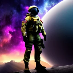 magnificent, realistic, colorful, massive, epic, cinematic, 8k, HD, Ultra High Definition, photo film, hyper-detailed, Future Army soldier military astronaut, realistic proportions, front view, colorful galaxy background