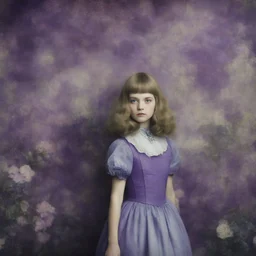 Alice in wonderland,purple fur, flowered wallpaper background, old autochrome