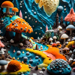 Close-up photograph of detailed creepy landscape made of cake-frosting and felt, crystallizations, hyperdetailed human figure, animals, plats, fungi, crystals, mineral concretions, sun, Amano, Roger Dean, strong texture, Ernst Haekel, extreme detail, intricate, colours, Max Ernst, Sam Raimi, rich moody colors, sparkles, octane render, bokeh, 33mm photography