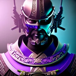 samurai purple masked villain in galaxy, teal and purple smoke, detailed, realistic, 4k