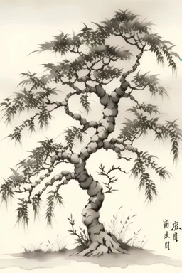 Japanese painting of an old wisteria tree in bloom, in the style of Sumi-e