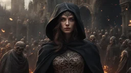 a magical female sorcerer in black cloth leading an army of rotting zombies through a burning medieval city. magic. fantasy setting. armor melted into the skin. blood. intense horror. blind terror. scared to death. a masterpiece, fantasy concept art, dynamic lighting, hyperdetailed, intricately detailed, deep color, Unreal Engine, volumetric lighting, Epic cinematic brilliant stunning intricate meticulously detailed dramatic atmospheric maximalist digital matte painting