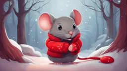 fantasy cartoon style illustration: red mitten with a little gray cute mouse peeking out