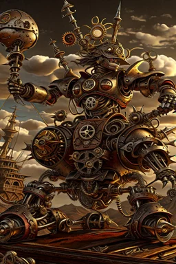 steampunk warrior robot with a big, complicated and detailed mechanical sword fighting in a battlefield with steampunk ships and planes in the background. Masterpiece, hyper detailed, details, battlefield, dramatic, dramatic lighting