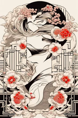 Create a captivating modern 2d Japanese tattoo design for print , using the elegant influences of japan art style, for print, dynamic elements from fashion and design, and bold Japanese art aesthetics, framing centered in the center, distanced from the edges of the paper perimeter, perfect anatomy, bauhaus, Divine Proportion,
