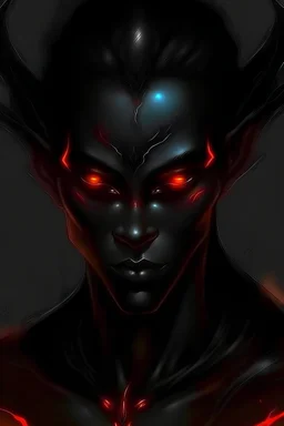 dark silky pitch black-skinned demon man of perfection and pride, pointy ears, hell fire eyes