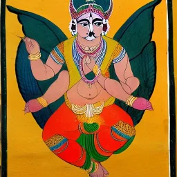 cow with wings holding a lotus and man in Indian painting style