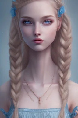 20 year old girl, cute, beautiful, blonde hair, one loose braid on left side, blue eyes, big eyes, pale skin, blue dress, ice dress, long eyelashes, pink lipstick, thin lips, small nose, semirealistic, 8k resolution concept art portrait