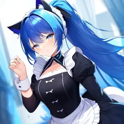 Clear Focus, High resolution, wearing a maid uniform, fluffy hair and a long ponytail, blue hair, cat ears, meowing