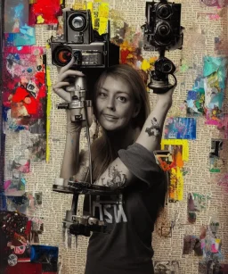 happy beautiful girl holding big proffesional camera in studio. street art, oil on canvas, spray paint, collage, letters, newspapeers, Dave McKean, Vladimir Fedotko, Saturno Butto, Vaughn Bodé, Frank Wu, James C. Christensen, collage, dirty, paint dripping, radiant