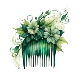 watercolor drawing of a dark green comb for hair with white lace and emeralds and flowers, on a white background, Trending on Artstation, {creative commons}, fanart, AIart, {Woolitize}, by Charlie Bowater, Illustration, Color Grading, Filmic, Nikon D750, Brenizer Method, Side-View, Perspective, Depth of Field, Field of View, F/2.8, Lens Flare, Tonal Colors, 8K, Full-HD, ProPhoto RGB, Perfectionism, Rim Lighting, Natural Lighting, Soft Lighting, Accent Lighting, Diffraction Grading, With Imperfec