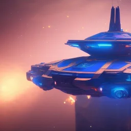 a crystalised blue pink spaceship, gold, diamonds, lightbeams, cosmic background, atmospheric, realistic, unreal engine, 8k. Cinematic lighting, octane render.