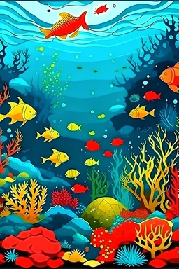 Vista del fondo del mar, con volcanes en el fondo del mar, peces de colores rojos, amarillos, negros, tiburones, corales, estrellas y caballitos de mar, el agua en diferentes tonos de azules y verdes