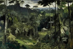 A black jungle with a treetop village painted by Claude Monet