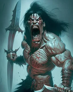 screaming scary zombie human berserker meaty black hair big greatsword