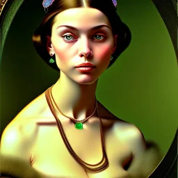 oil Portrait of a Brunette beautiful busty voluptous adult woman with emeralds necklace with big Green sad eyes looking to viewer by GRANT WOOD Ingres 8k