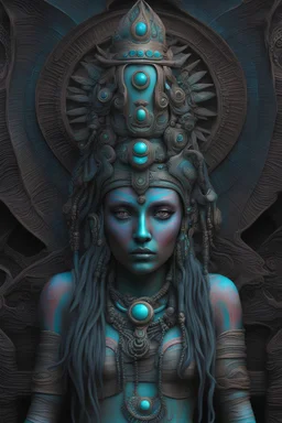 Parvati goddess, psychedelic Indian, 3D, dark color scheme and little bit of turquoise, in the style of Paulo Serpireri and HR Giger