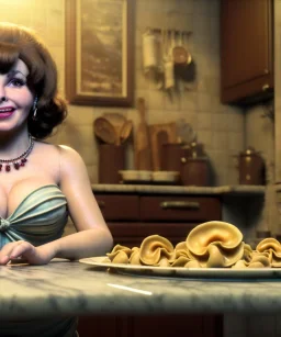 Ultra realistic photographic portrait, happy young Gina Lollobrigida woman sitting with arms resting on Italian kitchen table, pretty tortellini dish, retro dress by 1960, classic style decoration, cold, soft color, highly detailed, unreal engine 5, ray tracing, RTX, lumen lighting, ultra detail, volumetric lighting, high definition.