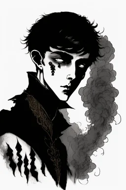 17 year old boy, necromancer, friendly, looks dead, surrounded by weird smoke with eyes, wearing black robes, in the style of Harry Clarke