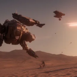 Armored Core machine robot fights another Armored Core fly in the sky in the desert with the ocean where you can see the space in the sky with the twilight on the horizon, 4k resolution