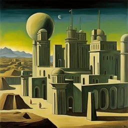 art by "Giorgio de Chirico", painting, landscape , Feigned The Palace Beyond Good and Evil, at Dawn, Illustration, Hopeless, 70s Science Fiction, Provia, overly complex style