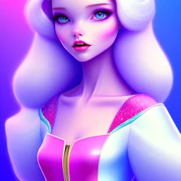 Snow white, beautiful, soft, blonde straight long hair, blues eyes, transparent and pink and blue suit, background brillante pink and blue,