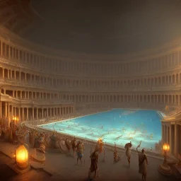 schwimmbad im kolloseum, menschenmenge, jubeln, epic, shiny, dust, 8k, extremly detailed, dark, sea, caesar, hamam