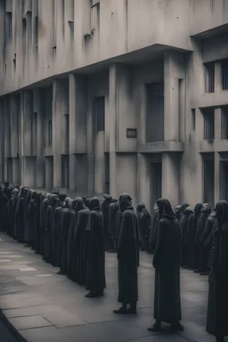 Dystopian image of a queue waiting outside a creepy building