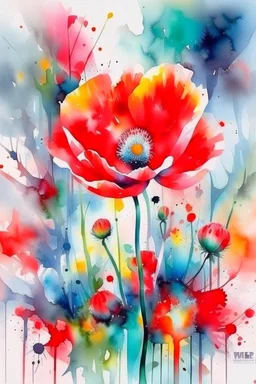 A poppy by Willem Haenraets, watercolor, wet on wet and splattering techniques, centered, perfect composition, abstraction, surrealism