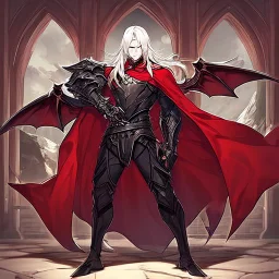 Vampire knight, young man, handsome, long white hair, black full plate armor, red cape