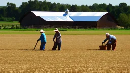 young and old people working in the field near medieval barns