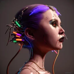 pretty british cyber woman, cold ambient, latex, cables, purpurin, blood, black, gold, piercings, brown, decorative color feathers, circuits, neon style, a lot of led lights, fog, rain, vibrant color, highly detailed, art stations, concept art, smooth, unreal engine 5, god rays, ray tracing, RTX, lumen lighting, ultra detail, volumetric lighting, 3d, finely drawn, high definition, high resolution.