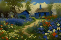 A dark blue garden with spring season flowers painted by Birge Harrison