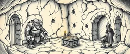 book illustration, artist drawn fantasy map of 4x4 meter room, with an ogre and an orc captain, and a chest under a table, the room is rough and cavelike, we also see winding paths around the room