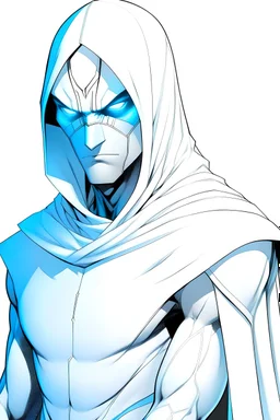 Male Anti-Hero dressed in a white superhero suit with a white cowl covering his face. Thin and lean build with a seductive look. His eyes are a beautiful shade of blue. A DC comic book style.