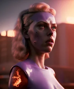 retro sci-fi portrait image from 1990, supermarket parking explosion, fire, scared people, blonde woman walking, young Scarlett Johansson face, tight latex suit, soft color, highly detailed, unreal engine 5, ray tracing, RTX, lumen lighting, ultra detail, volumetric lighting, 3d, finely drawn, high definition, high resolution.