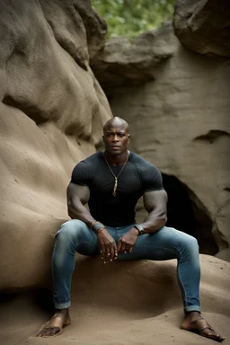 Alimi Ballard as very muscular male. bald with tribal tattoos wearing jeans and a teeshirt outside a cave