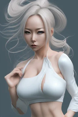 isometric clean art of super japanese woman hitomi tanaka, busty hitomi tanaka,. White clothes, soft lighting, soft pastel gradients, high definition, 3d icon clay render, blender 3d