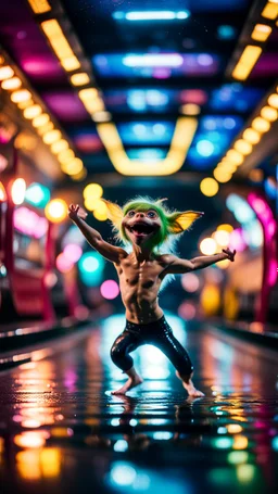 gremlin yoga tumbling in water slide in the middle of crazy dance moves dancing on buss parked in dark lit reflective wet arcade hall tunnel,bokeh like f/0.8, tilt-shift lens 8k, high detail, smooth render, down-light, unreal engine, prize winning